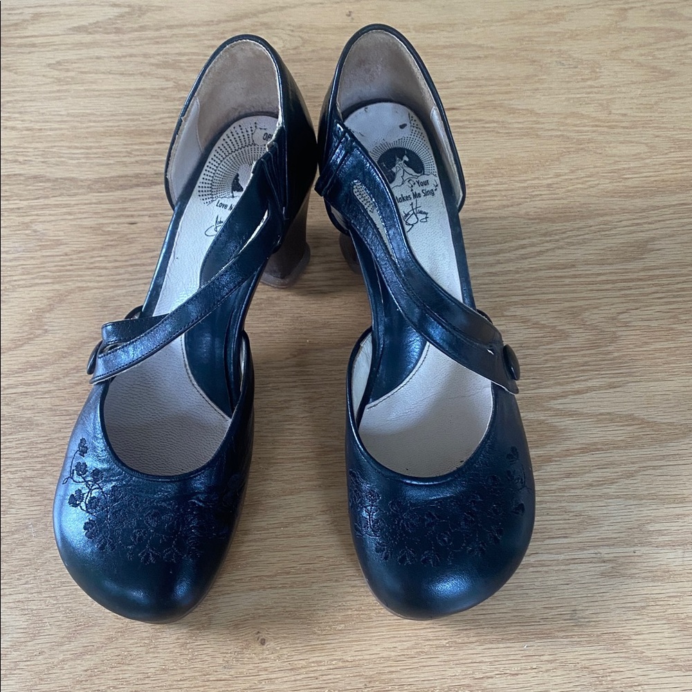 John Fluevog Operetta Black Mary Jane Heels with Embroidered Detail